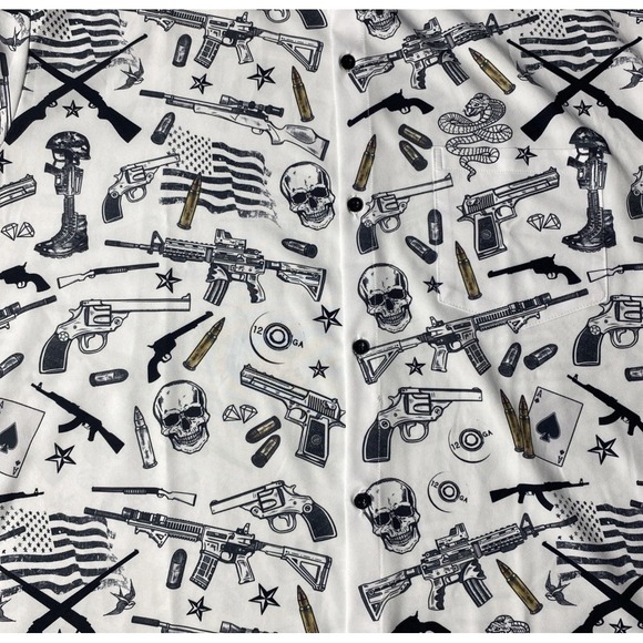 Funny Guy Mugs Gun Skull Print Shirt XXL White Graphic Button Up Men's Top - Picture 4 of 12